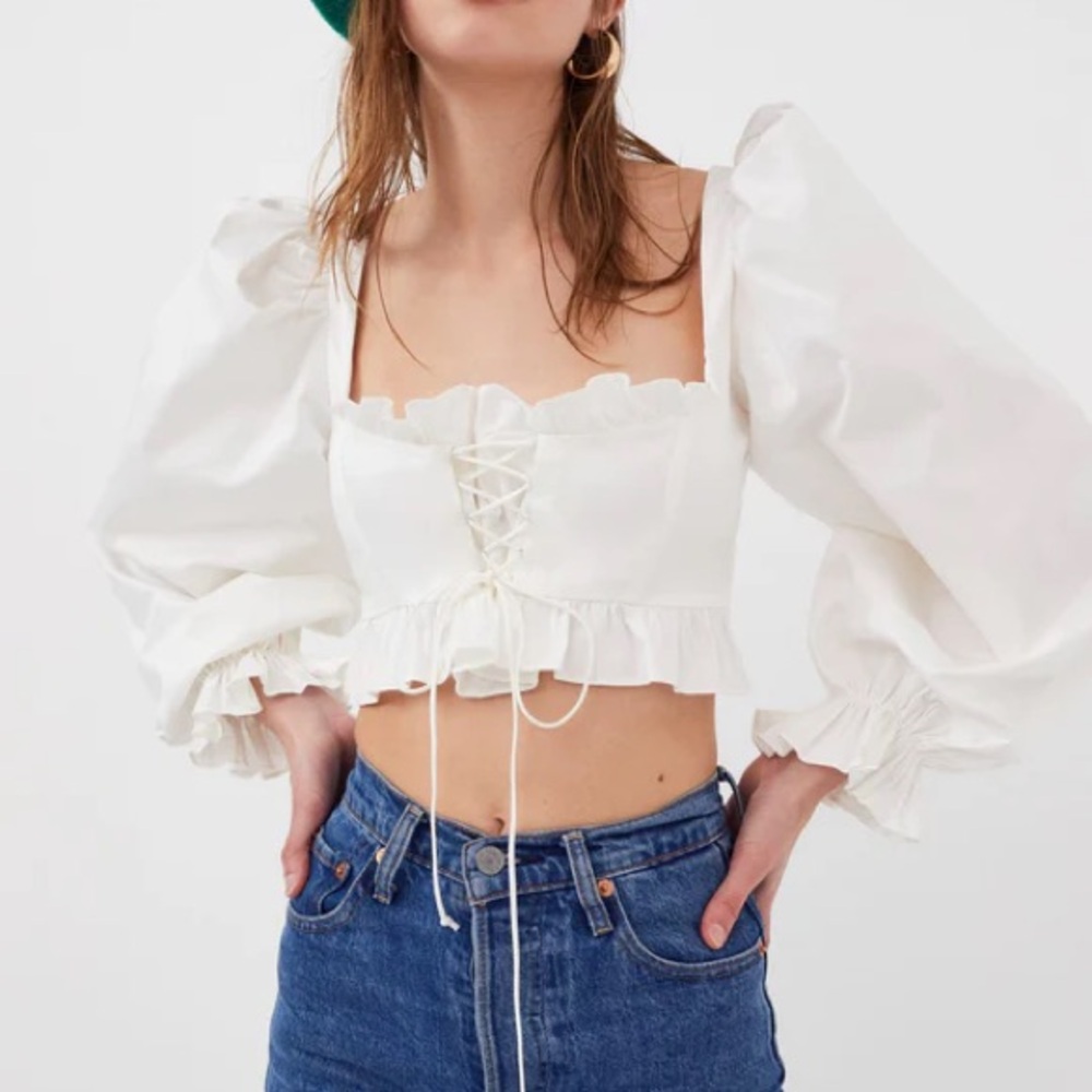 For Love and Lemons white lace up crop top